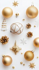 Gold christmas decoration on white background, flat lay, top view. christmas wallpaper. Ultra realistic. Photorealistic