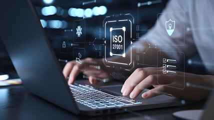 ISO 27001, ISO certification, ISO 27001 certified business, Information security management system. International Organization for Standardization. businessman doing ISO verification on a laptop
