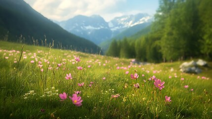 Obraz premium Lush Meadow with Blossoming Wildflowers Set Against Majestic Mountains : Generative AI