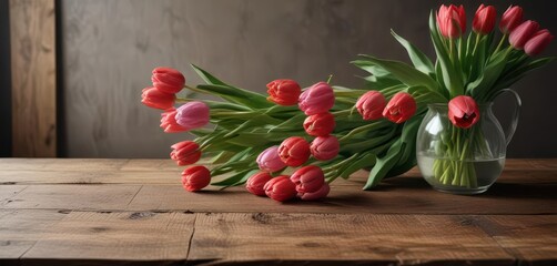 Fresh cut tulips arranged on antique wood table,  stem,  bloom,  image