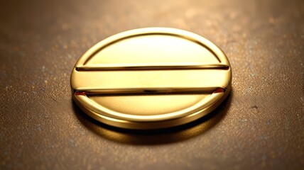 A shiny gold circular token with two parallel grooves rests on a textured brown surface, reflecting light elegantly