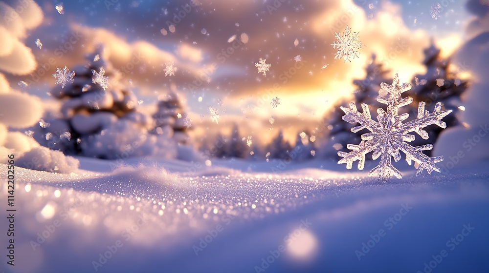 Poster serene winter landscape with sparkling snowflakes in a tranquil snowy forest at sunset : generative 