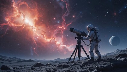 Fototapeta premium Astronaut Explores Cosmos Telescope on Alien Planet