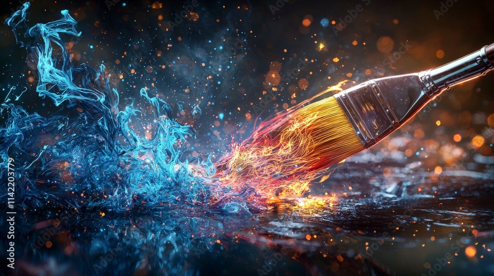 Poster magical paintbrush creating vibrant strokes of light over water fantasy art colorful environment dyn