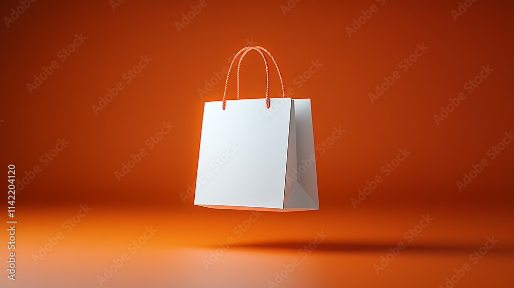 Poster minimalist floating white shopping bag with orange background and red handles : generative ai