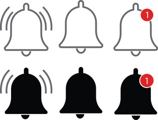 Notification bell icon set. along with a ringing bell and notification number sign for alerts and alarms
