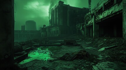 Destroyed Nuclear Facility with Eerie Green Radiation Glow