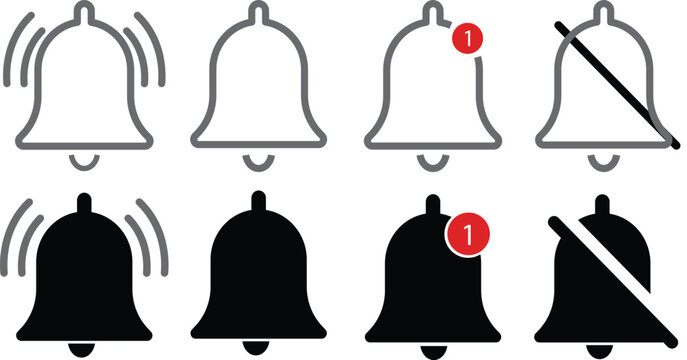 Notification bell icon set. along with a ringing bell and notification number sign for alerts and alarms

