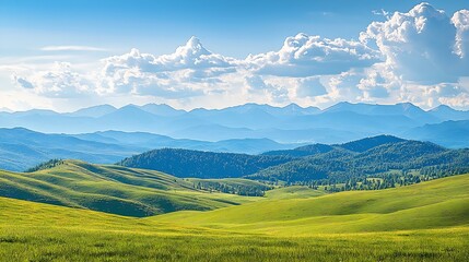 Obraz premium Rolling Green Hills with Majestic Mountains and Clouds Under Blue Sky View : Generative AI