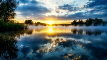 Fototapeta premium Misty sunrise over a shimmering lake tranquil nature scene serene landscape reflective viewpoint peaceful concept
