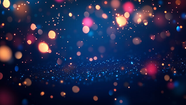 Fond lumineux avec effet bokeh color&eacute; bleu, dor&eacute; et rose, ambiance scintillante et festive pour les c&eacute;l&eacute;brations, nouvel an et les f&ecirc;tes de fin d'ann&eacute;e