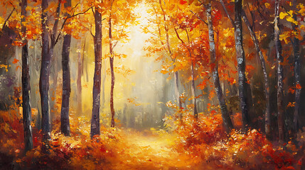 Obraz premium Autumn Path: Golden sunlight filters through a vibrant autumn forest, illuminating a tranquil path leading into the heart of nature's embrace.
