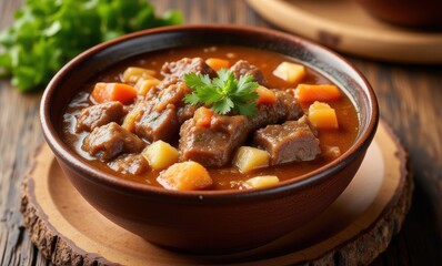 Delicious beef stew in a wooden bowl