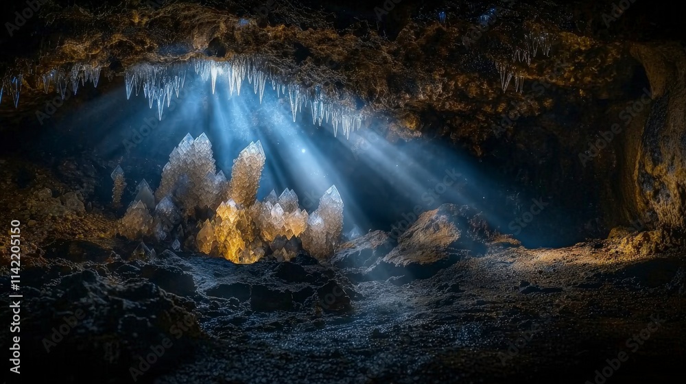 Aufkleber mystical cavern with luminescent crystals illuminated by rays underground nature scene dark environm