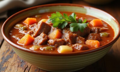 Hearty beef stew in a rustic bowl
