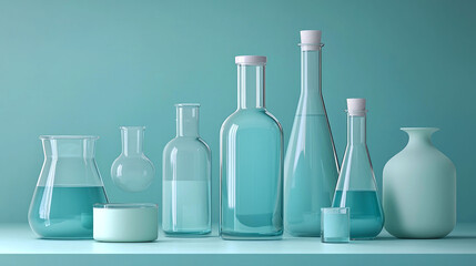 Teal glass bottles and beakers.