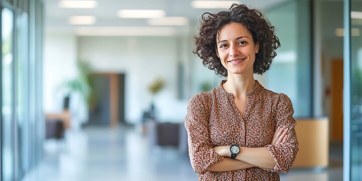 Portrait of a curriculum developer standing in an educational office, smiling, portrait shot, standing,