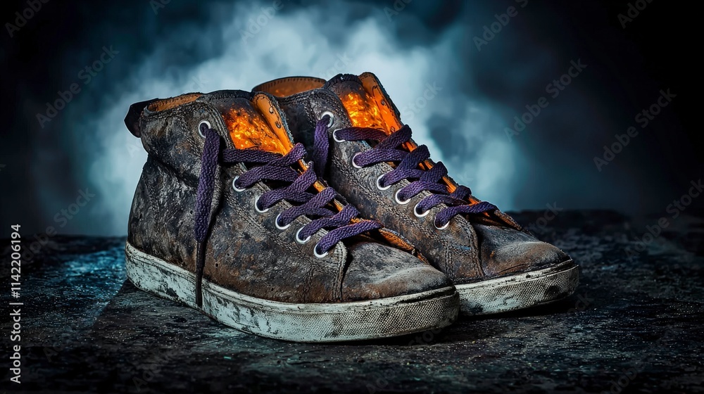 Poster wornout shoes glowing symbolizing journey abandoned location photo mysterious atmosphere close-up re