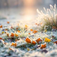 Autumn morning, first light frosts, melting frost on autumn grass and fallen leaves