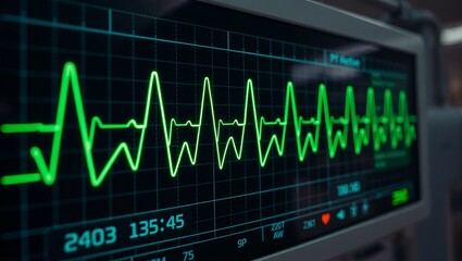 Close-up view of a medical monitor displaying a vibrant green waveform, indicating a patient's vital signs. The rhythmic pattern suggests a stable heart rate.