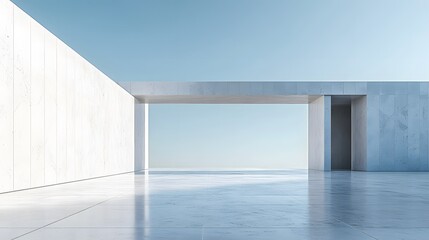 A minimalist white concrete wall stands under a blue sky, its geometric simplicity and pristine marble floor reflecting contemporary architectural design in bright daylight.