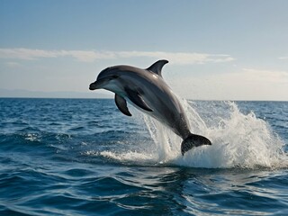 Fototapeta premium happy dolphin jumping out of the sea against the sky with splashes
