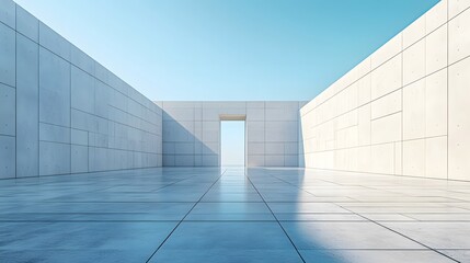 Fototapeta premium A minimalist white concrete wall stands under a blue sky, its geometric simplicity and pristine marble floor reflecting contemporary architectural design in bright daylight.