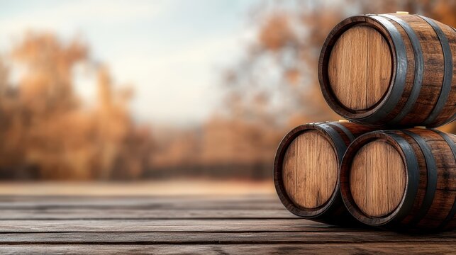Three oak barrels are stacked on a wooden platform, with a blurred autumn landscape in the background, evoking feelings of tradition and warmth.