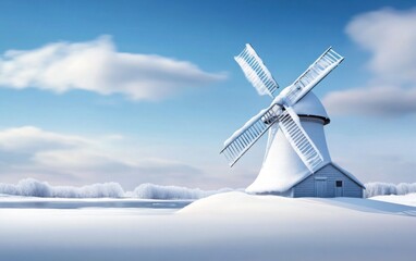 Obraz premium A picturesque old windmill covered in snow, standing alone in a winter landscape with a frosty sky 