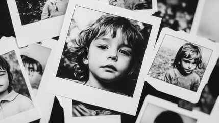 A captivating collage of playful children in BW polaroid photos, showing various angles and zooms with high contrast. Created with Generative AI
