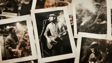 An artistic collage of street musicians performing with passion, captured in high-contrast BW polaroid photos. Created with Generative AI