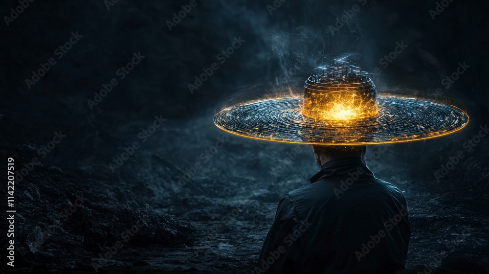 Poster mystical glow from a shimmering hat enigmatic landscape digital art surreal environment introspectiv