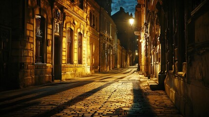 Obraz premium 5. A city street at night, illuminated by a streetlamp, with shadows stretching across the pavement for a dramatic effect.
