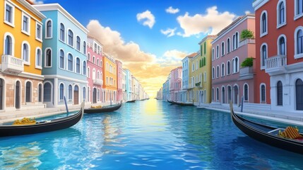Obraz premium A scenic view of Venice canals during sunset, with gondolas gently floating
