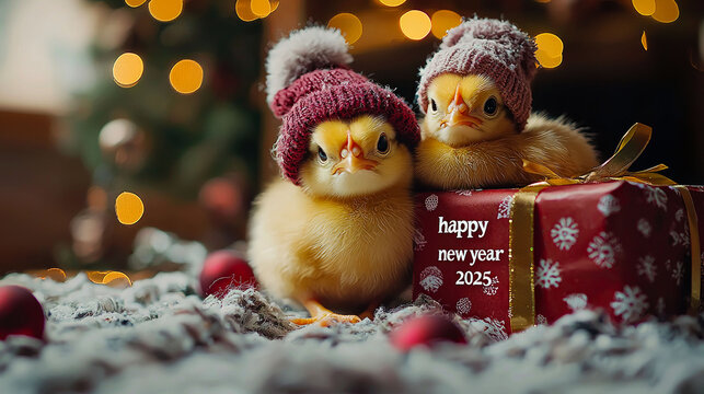 Two cute chicks in hats by gift.