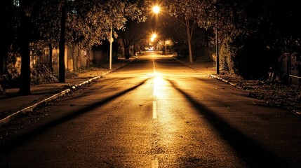 5. A city street at night, illuminated by a streetlamp, with shadows stretching across the pavement for a dramatic effect.