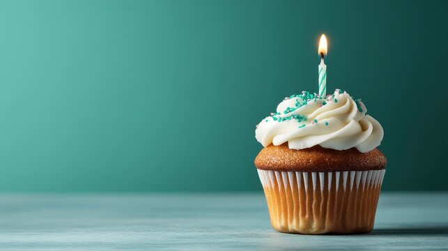 A delicious cupcake adorned with a single burning candle, set against a minimalist background, symbolizing celebration, hope, and a wishful moment.