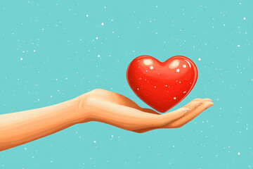 A hand holding out a red heart symbolizing love and care on a blue background