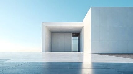 A minimalist white concrete wall stands under a blue sky, its geometric simplicity and pristine marble floor reflecting contemporary architectural design in bright daylight.