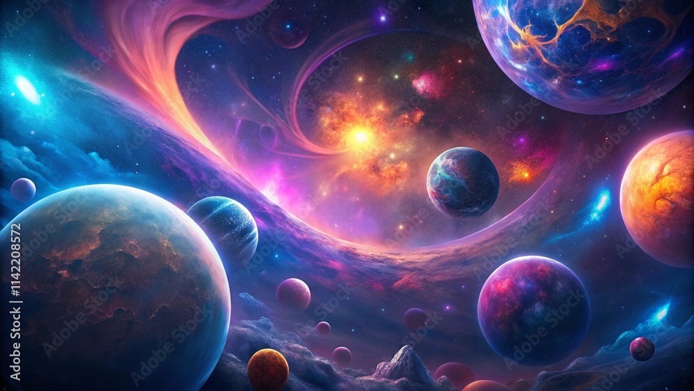 Wall mural vibrant abstract space background with cosmic planets and celestial elements