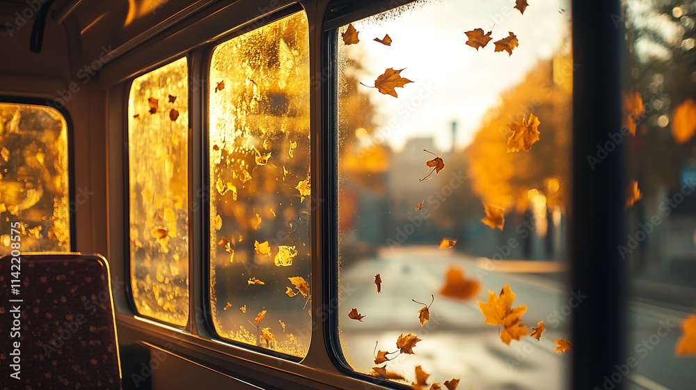 Aufkleber artistic play of light and leaves through a bus window in urban autumn scene : generative ai