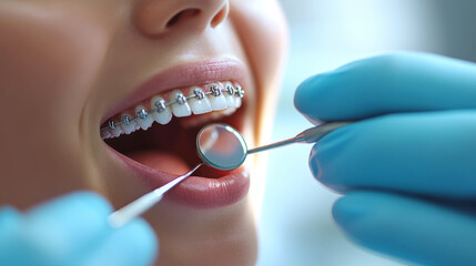 dental professional examining orthodontics braces, checking teeth with mirror and specialized tools during medical checkup
