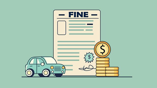 Traffic Fine with Car Next to Big Fine notice Document and Money Coins flat design animation. Traffic Rules and penalty price concept . Copy spac