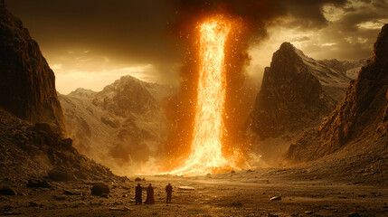 Two figures observe a fiery column in a desolate landscape.