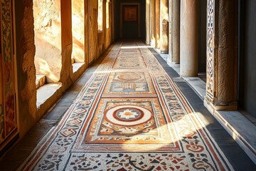Obraz premium Sunlit ancient mosaic hallway, columns, aged walls.