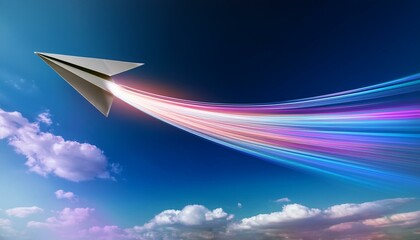 거대한 종이비행기가 하늘 위를 날아가며 그 궤적에 무지개빛의 빛줄기가 남는 장면