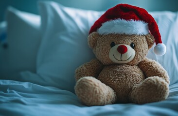 Fototapeta premium Teddy Bear with Santa Hat Sitting on Bed