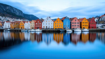 Naklejka premium A vibrant scene of Bergen's historic Bryggen wharf, with colorful wooden buildings lining the harbor