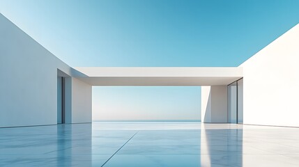 A minimalist white concrete wall stands under a blue sky, its geometric simplicity and pristine marble floor reflecting contemporary architectural design in bright daylight.