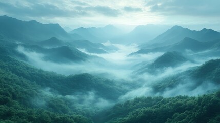 Misty mountains serene landscape nature scenery.